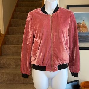 Love Tree rose pink velour black bomber jacket small